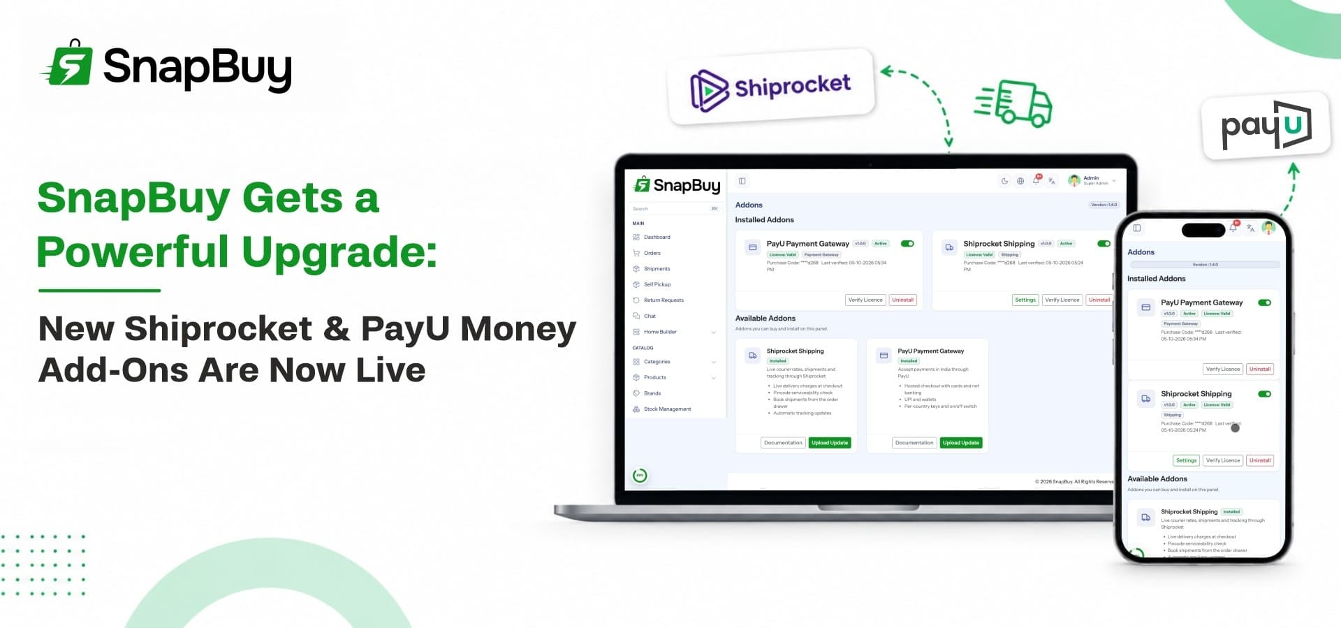 SnapBuy Gets a Powerful Upgrade: New Shiprocket & PayU Money Add-Ons Are Now Live