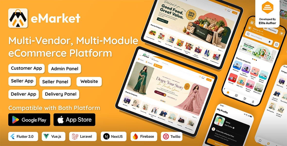 eMarket - All‑in‑One Multi‑Vendor Multi‑Module eCommerce App with Web & Admin Panel