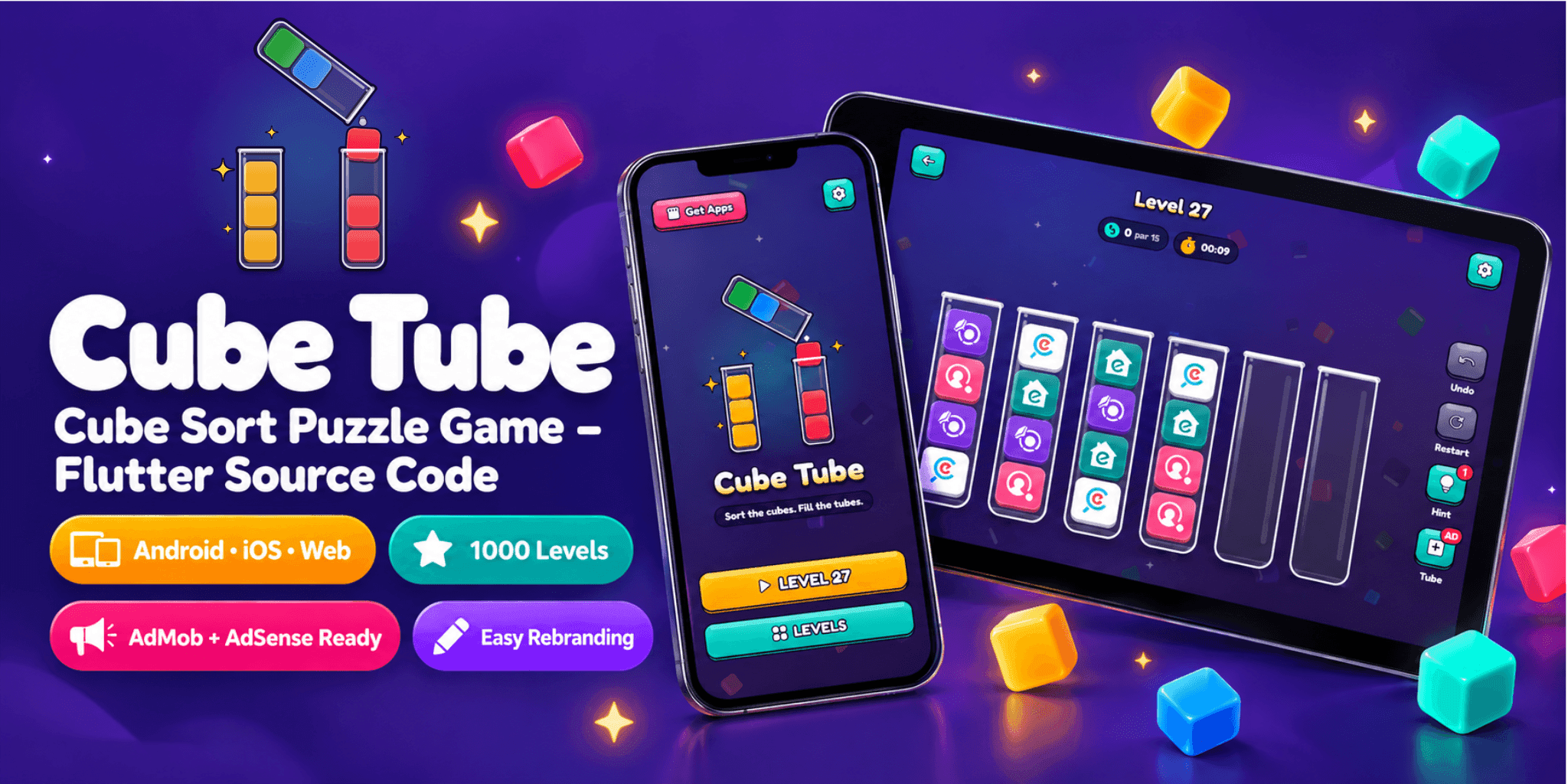 Cube Tube – Cube Sort Puzzle Game | Flutter Source Code (Android, iOS & Web)