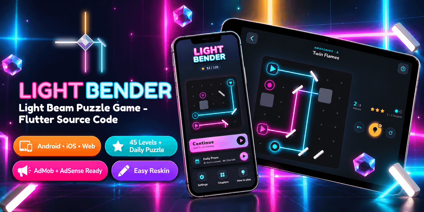 Lightbender – Light Beam Puzzle Game | Flutter Source Code (Android, iOS & Web)