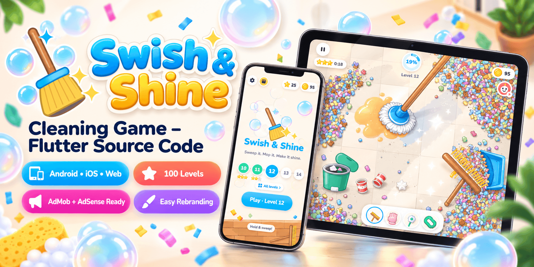 Swish & Shine – Cleaning Game | Flutter Source Code (Android, iOS & Web)