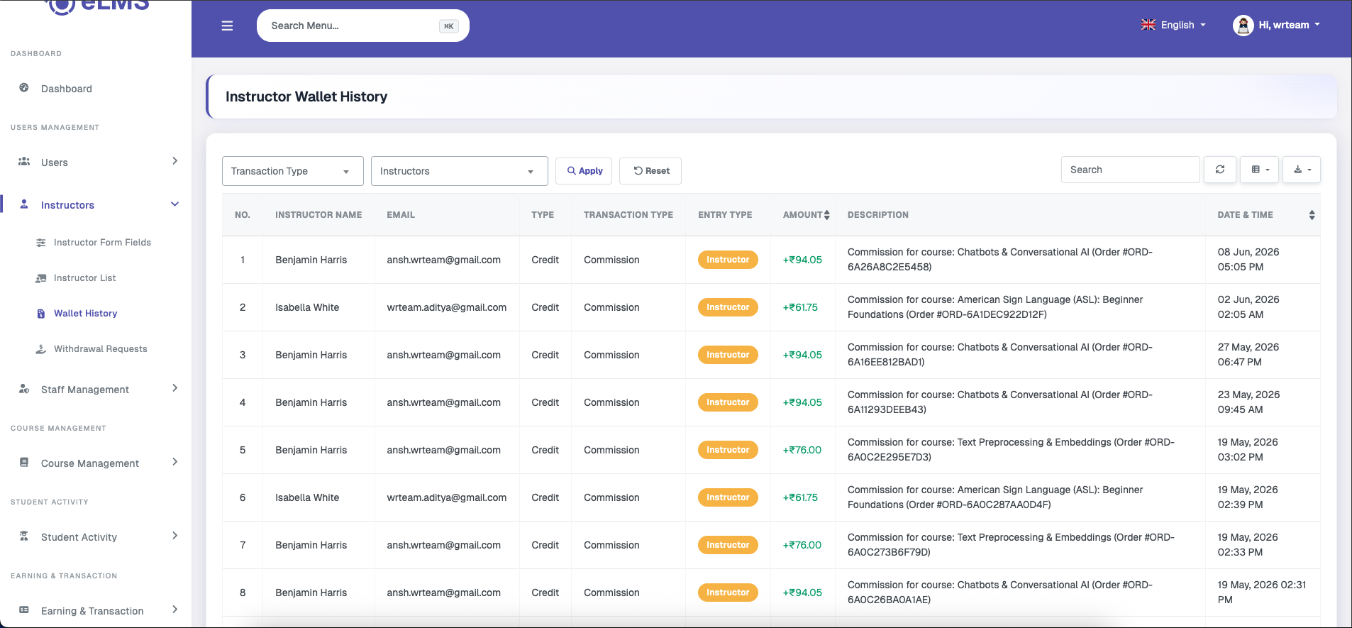 Instructor Wallet History