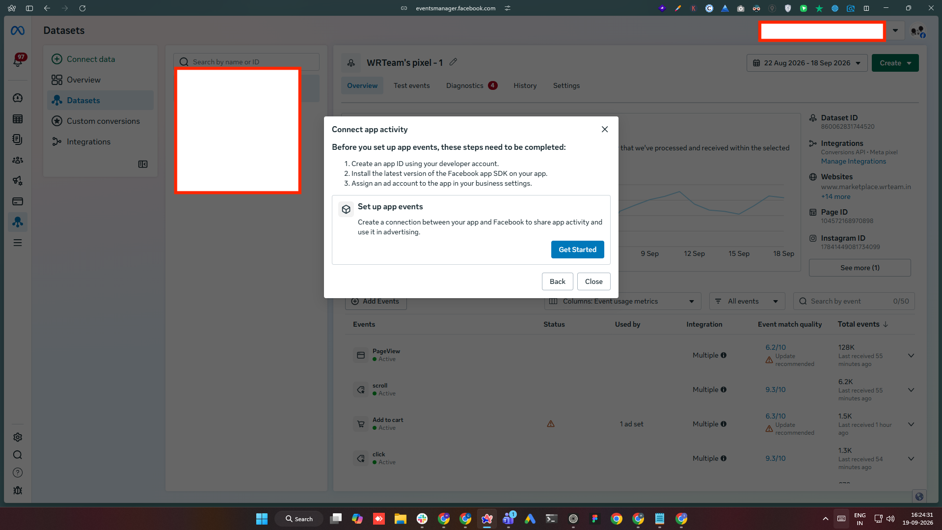 Events Manager — connect app activity prompt