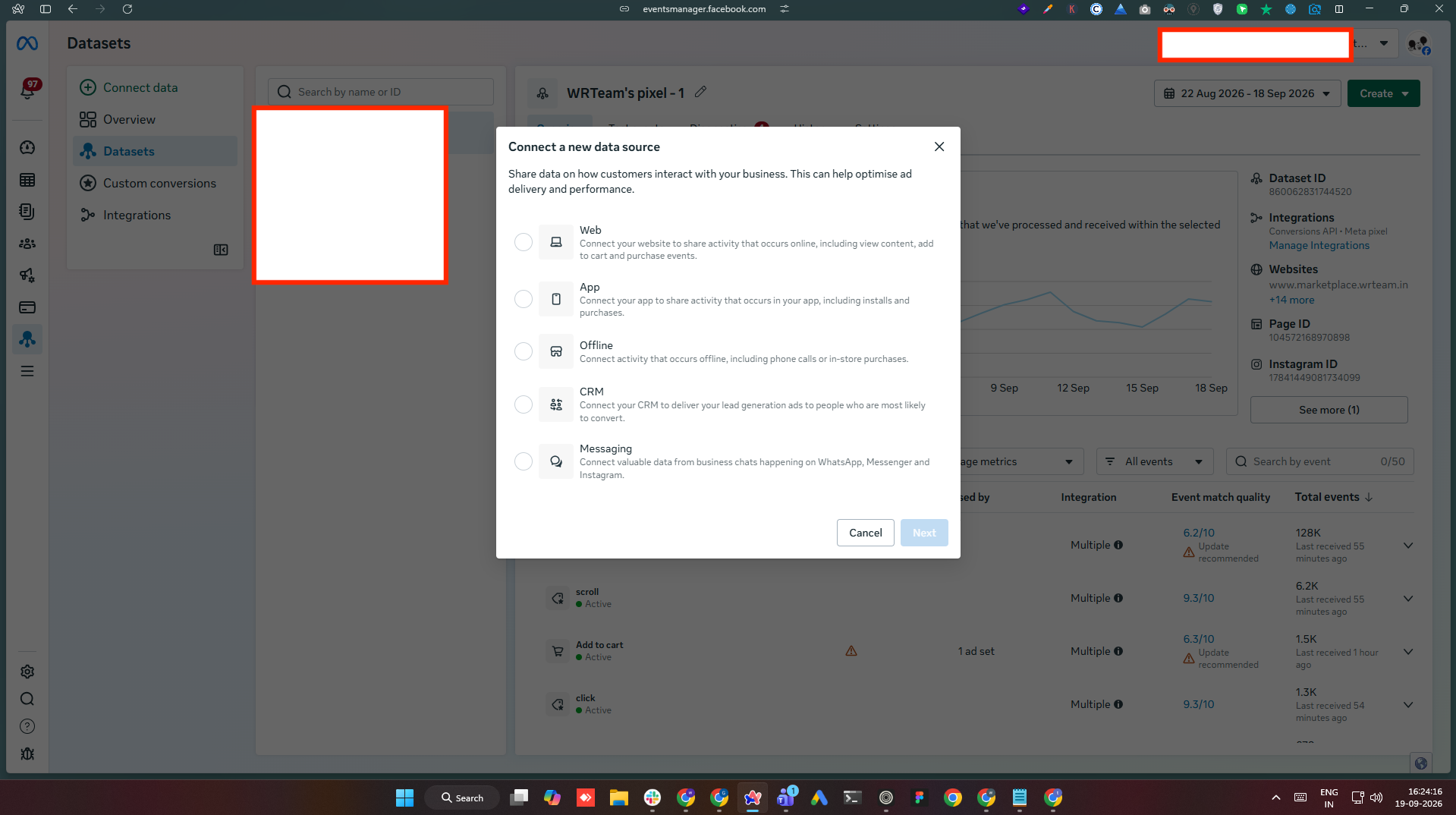 Events Manager — connect a new data source