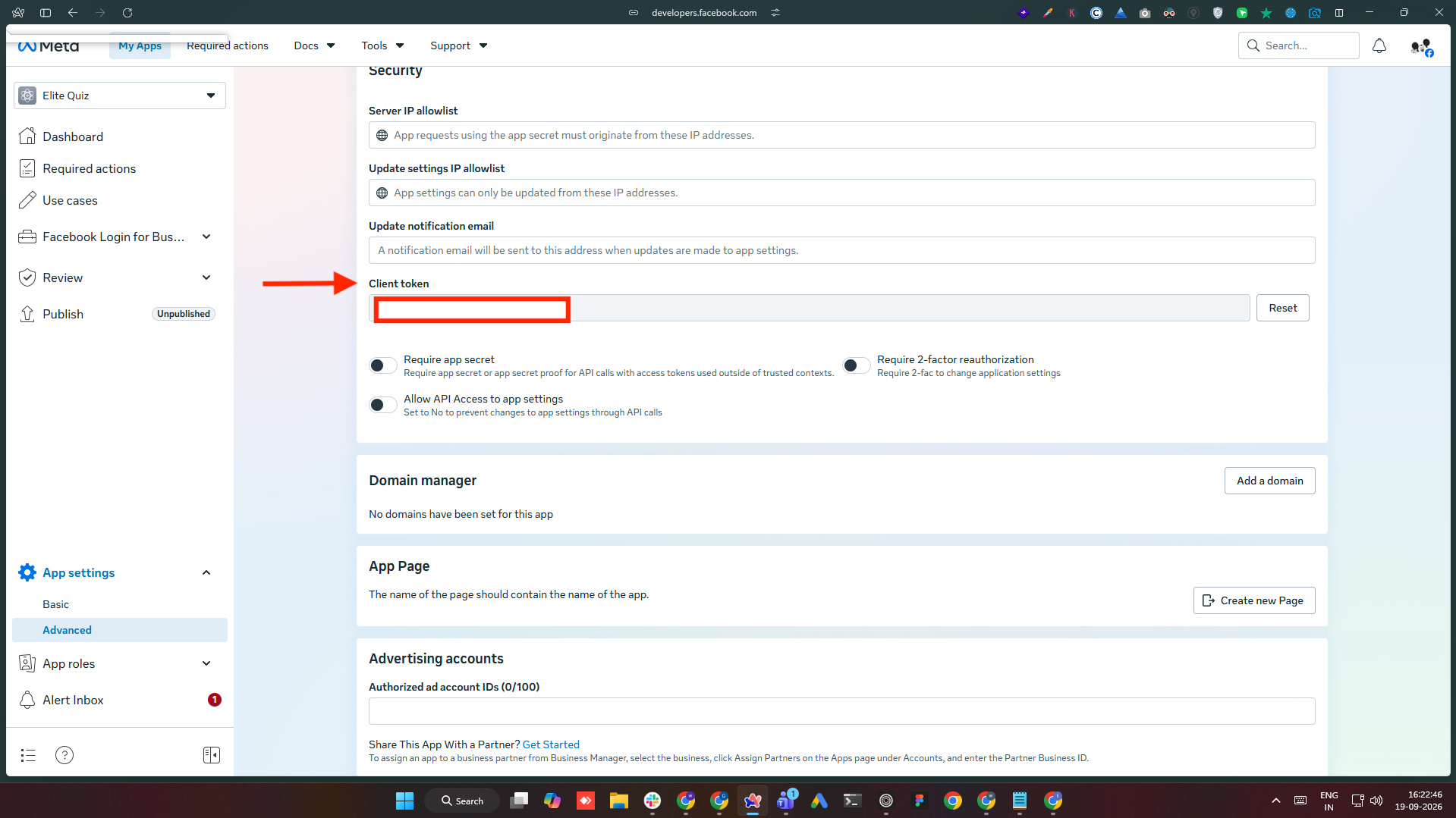App settings → Advanced — Client token